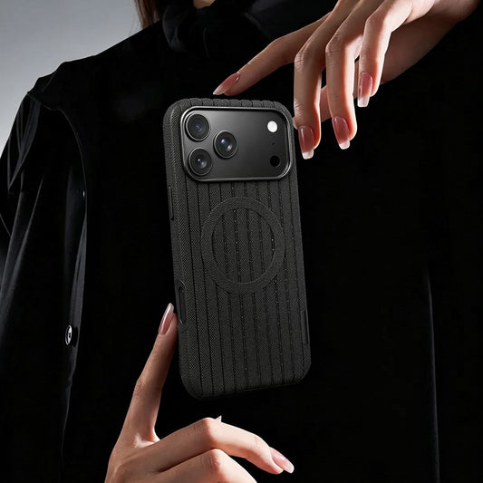Apple iPhone 17 Pro Max Kılıf M-Safe Şarj Özellikli Çizgi Desenli Kumaş Dokulu Zore Paris Lorin Kapak