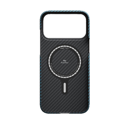 Apple iPhone 17 Pro Max Kılıf M-Safe Şarj Özellikli Kamera Kontrol Butonlu Aramid Fiber Pitaka Ultra-Slim Kapak Siyah-Mavi