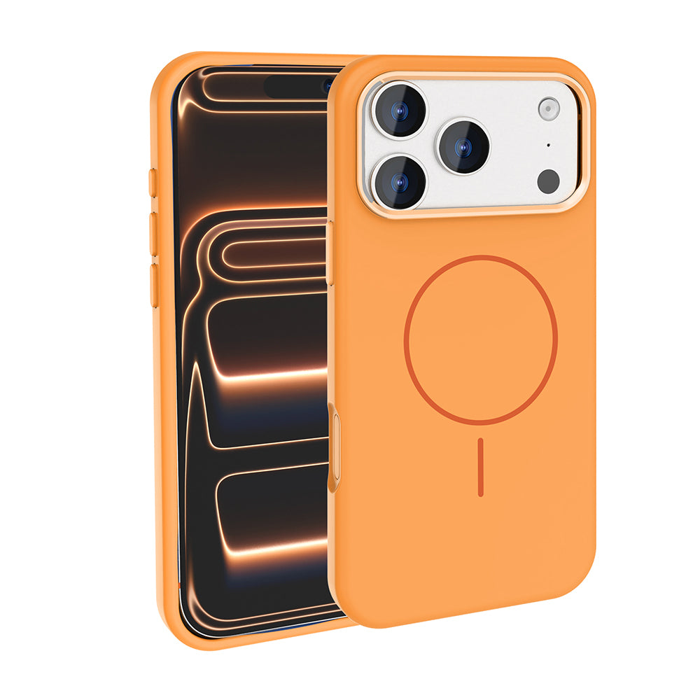 Apple iPhone 17 Pro Max Kılıf M-Safe Şarj Özellikli Metal Kamera Çerçeveli Zore Edi Silikon Kapak Turuncu