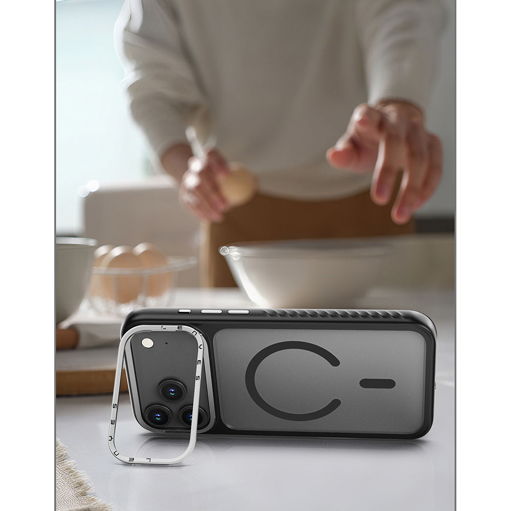 Apple iPhone 17 Pro Max Kılıf M-safe Şarj Özellikli Metal Kamera Standlı Lenyes CK226 PC Kapak Şeffaf