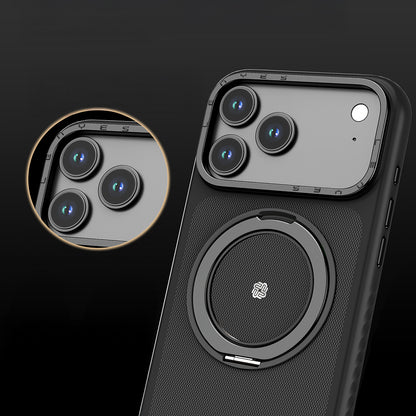 Apple iPhone 17 Pro Max Kılıf M-safe Şarj Özellikli Metal Standlı Lenyes CK225 Kevlar Kapak Siyah