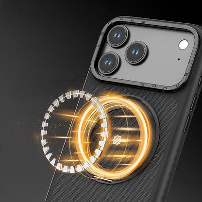 Apple iPhone 17 Pro Max Kılıf M-safe Şarj Özellikli Metal Standlı Lenyes CK225 Kevlar Kapak Siyah