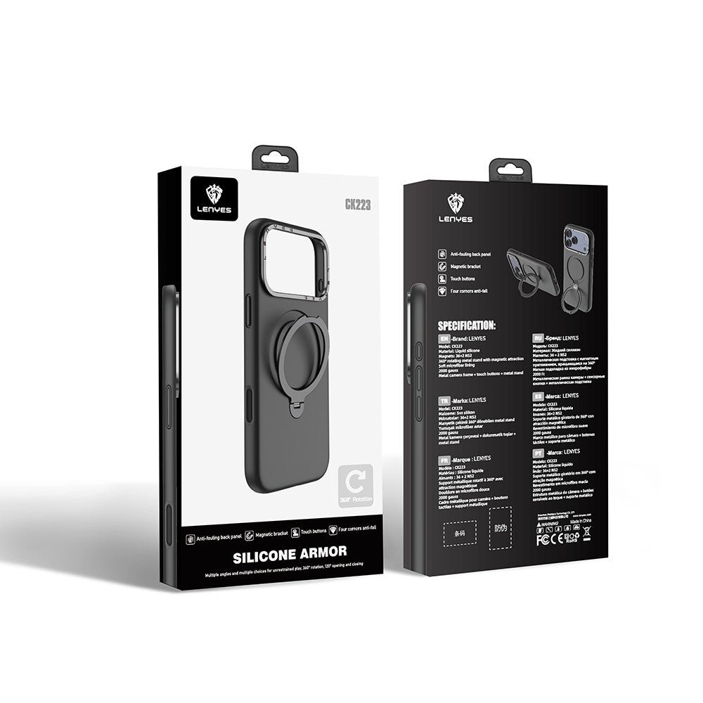 Apple iPhone 17 Pro Max Kılıf M-safe Şarj Özellikli Metal Standlı Sıvı Silikon Lenyes CK223 Kapak