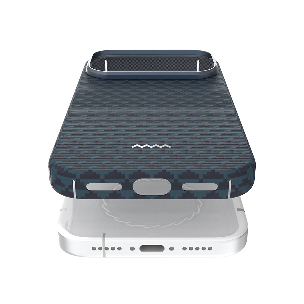 Apple iPhone 17 Pro Max Kılıf M-safe Şarj Özellikli Raptic Aramid Skin Origin Serisi Kapak Gold-Mavi