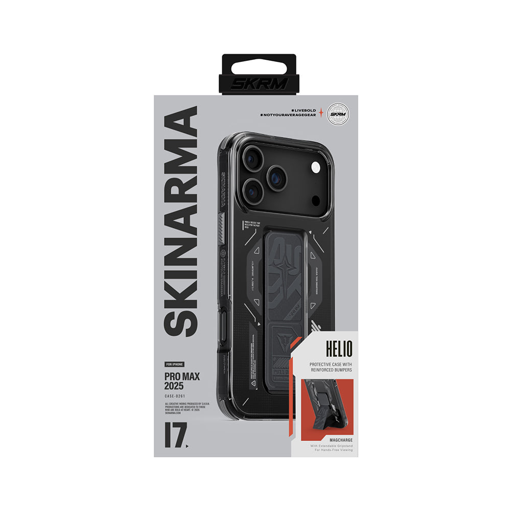 Apple iPhone 17 Pro Max Kılıf M-safe Şarj Özellikli Teknoloji Desenli Skinarma Helio Mag Charge Standlı Kapak Füme