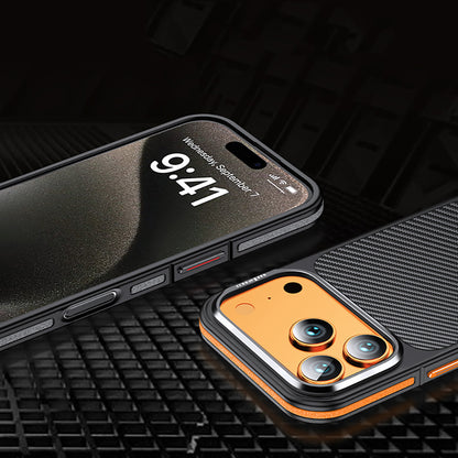 Apple iPhone 17 Pro Max Kılıf Mat Transparan Karbon Fiber Görünümlü Wlons Marin Kapak Turuncu