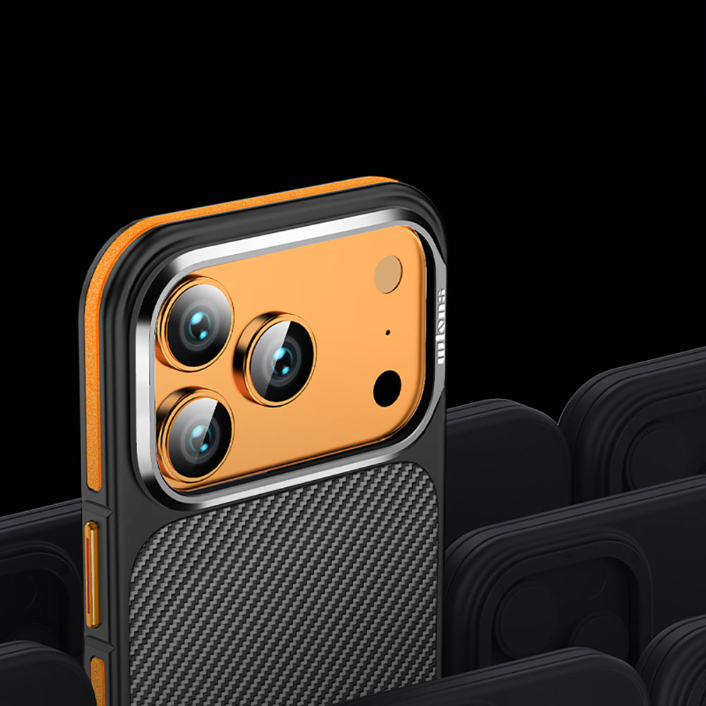 Apple iPhone 17 Pro Max Kılıf Mat Transparan Karbon Fiber Görünümlü Wlons Marin Kapak Turuncu