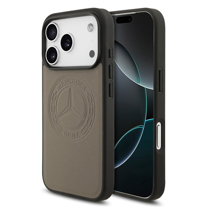 Apple iPhone 17 Pro Max Kılıf Mercedes Benz Orjinal Lisanslı M-safe Şarj Özellikli Hakiki Deri Nostaljik Yıldız Dizayn Kapak Kahverengi