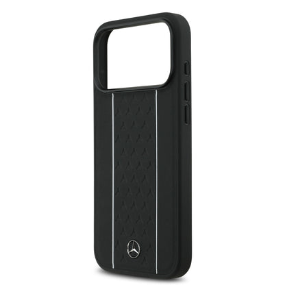 Apple iPhone 17 Pro Max Kılıf Mercedes Benz Orjinal Lisanslı M-safe Şarj Özellikli Şeritli Yıldız Desenli Metal Logolu Deri Kapak Siyah