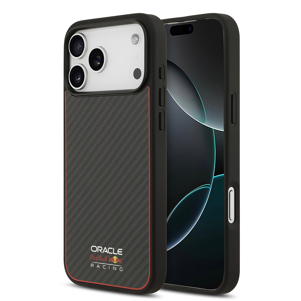Apple iPhone 17 Pro Max Kılıf Redbull Orjinal Lisanslı M-safe Şarj Özellikli Karbon Fiber Parlayan Logolu Kevlar Kapak Siyah