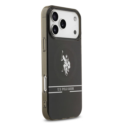 Apple iPhone 17 Pro Max Kılıf U.S. Polo Assn. Orjinal Lisanslı M-safe Şarj Özellikli IML Double Horse Stripe Logolu Kapak Siyah
