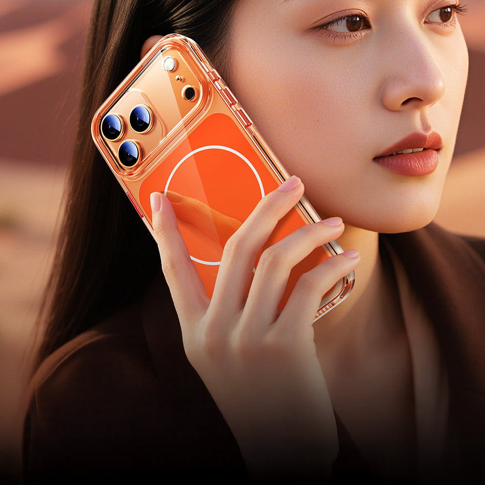 Apple iPhone 17 Pro Max Kılıf Zore M-safe Şarj Özellikli Şeffaf Kamera Kontrol Butonlu Lugano Kapak Turuncu