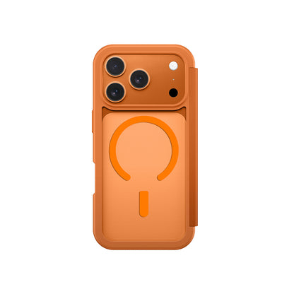 Apple iPhone 17 Pro Max PU Kartlıklı Kapaklı Amazingthing Glamour Foilo Serisi Kılıf Turuncu