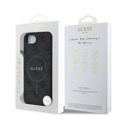 Apple iPhone 17E Kılıf Guess Orjinal Lisanslı M-safe Şarj Özellikli PU Halkalı 4G Desenli Yazı Logolu Kapak