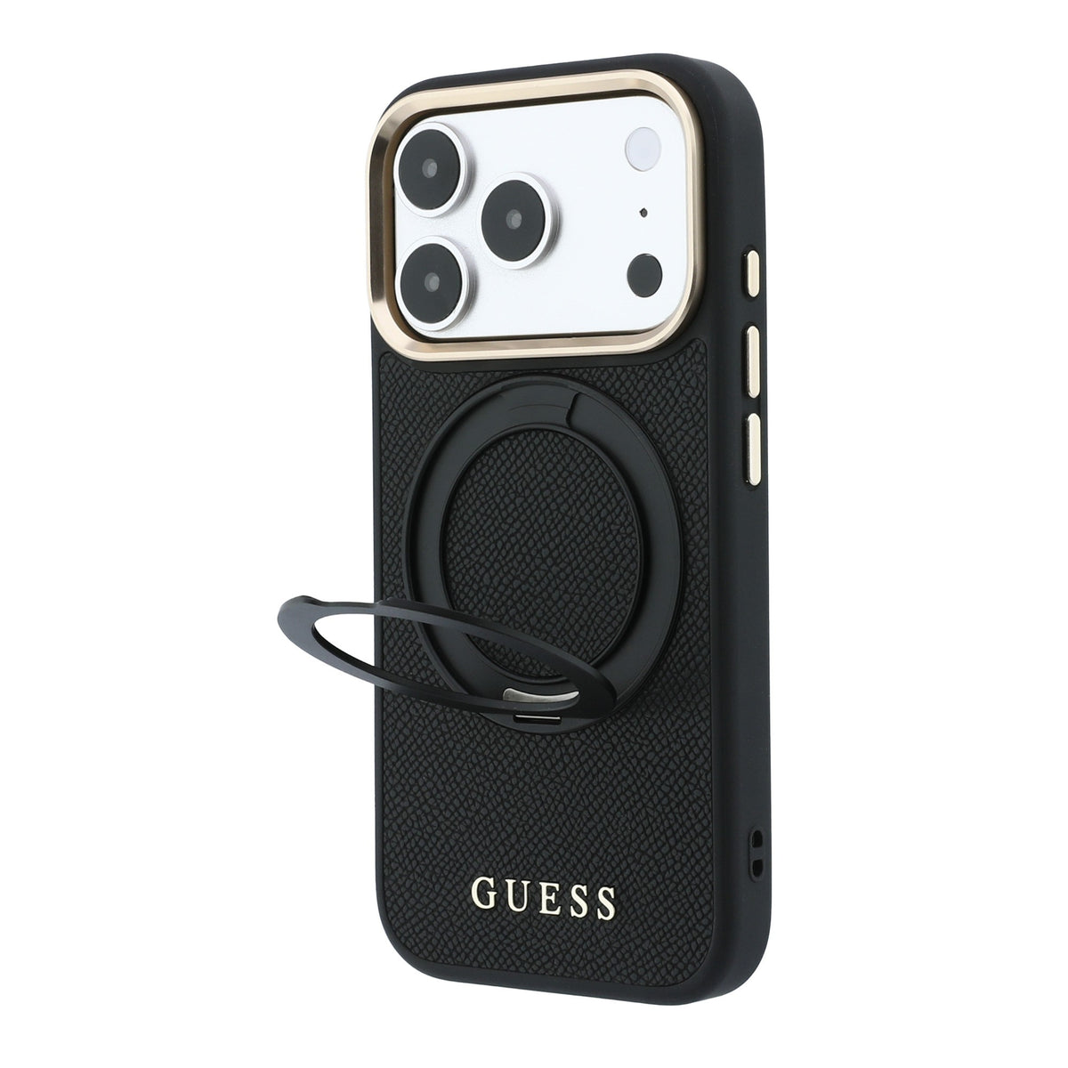 Apple iPhone 18 Pro Kılıf Guess Orjinal Lisanslı M-safe Şarj Özellikli 360 Derece Dönebilen Standlı PU Metal Yazı Logolu Kapak