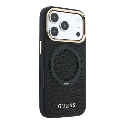 Apple iPhone 18 Pro Kılıf Guess Orjinal Lisanslı M-safe Şarj Özellikli 360 Derece Dönebilen Standlı PU Metal Yazı Logolu Kapak