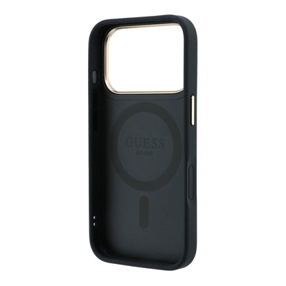 Apple iPhone 18 Pro Kılıf Guess Orjinal Lisanslı M-safe Şarj Özellikli 360 Derece Dönebilen Standlı PU Metal Yazı Logolu Kapak