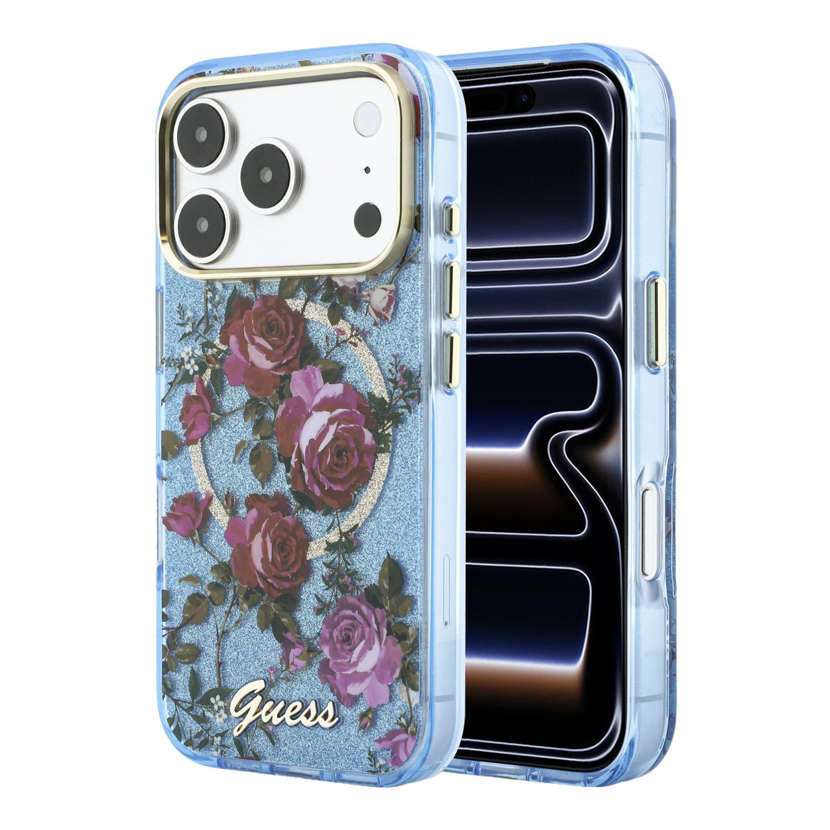 Apple iPhone 18 Pro Kılıf Guess Orjinal Lisanslı M-safe Şarj Özellikli Gül Desenli Simli Yazı Logolu Kapak