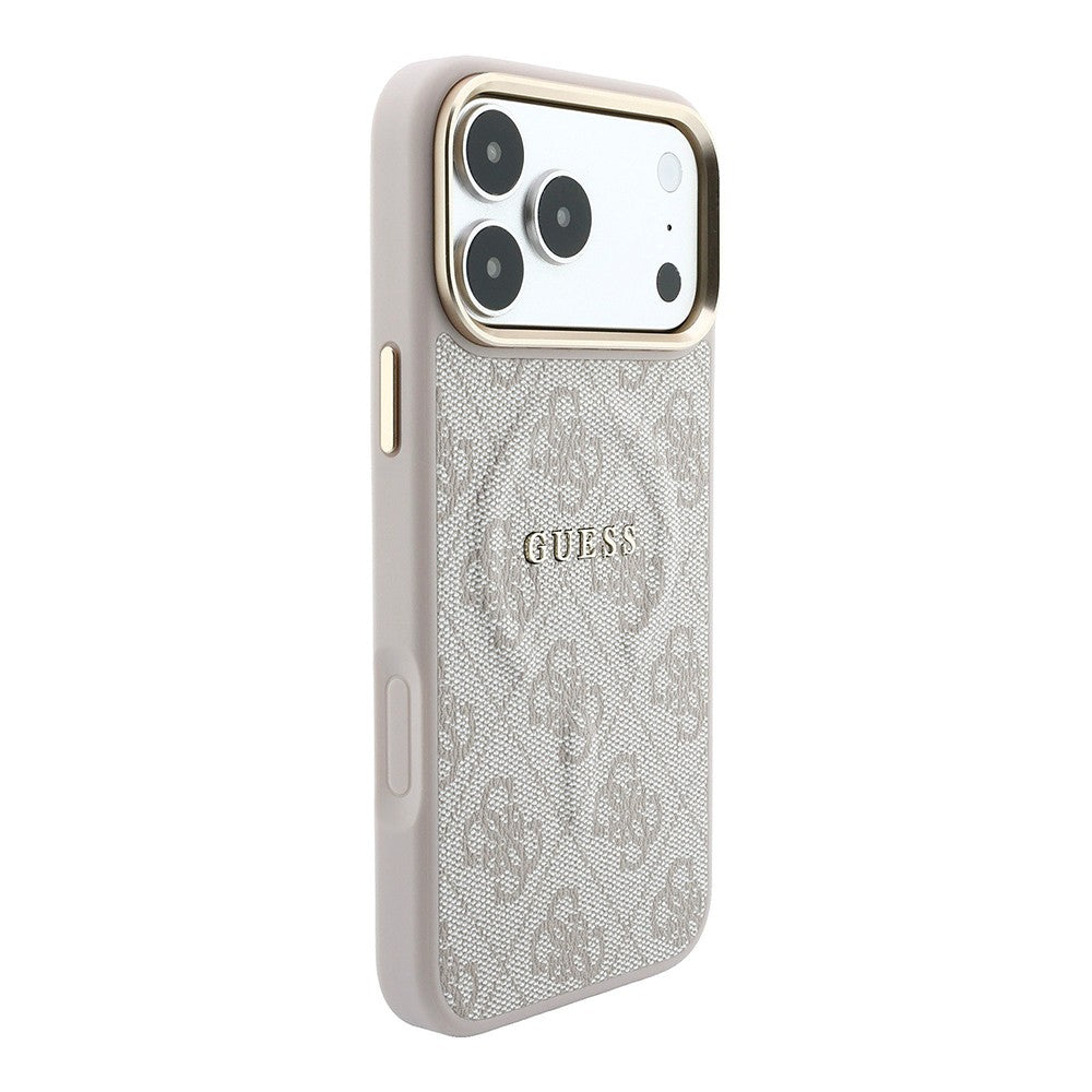 Apple iPhone 18 Pro Kılıf Guess Orjinal Lisanslı M-safe Şarj Özellikli Metal Kamera Çerçeveli C-Magnet 4G Desenli Yazı Logolu Kapak