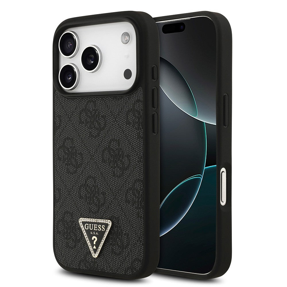 Apple iPhone 18 Pro Kılıf Guess Orjinal Lisanslı M-safe Şarj Özellikli PU Deri Taşlı Üçgen Logo 4G Desenli Strass Kapak