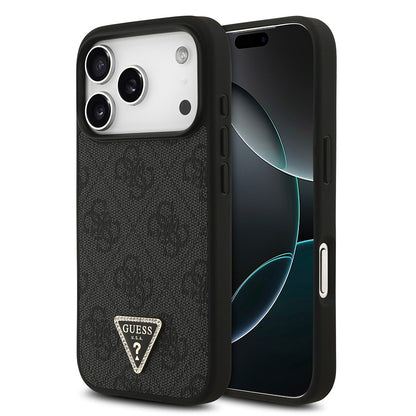 Apple iPhone 18 Pro Kılıf Guess Orjinal Lisanslı M-safe Şarj Özellikli PU Deri Taşlı Üçgen Logo 4G Desenli Strass Kapak