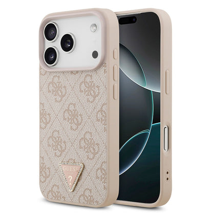 Apple iPhone 18 Pro Kılıf Guess Orjinal Lisanslı M-safe Şarj Özellikli PU Deri Taşlı Üçgen Logo 4G Desenli Strass Kapak