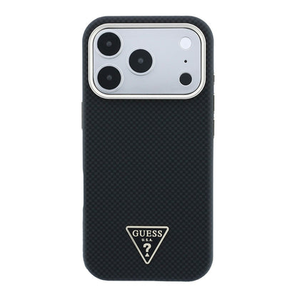 Apple iPhone 18 Pro Kılıf Guess Orjinal Lisanslı M-safe Şarj Özellikli PU Metal Üçgen Logolu Karbon Fiber Kevlar Kapak