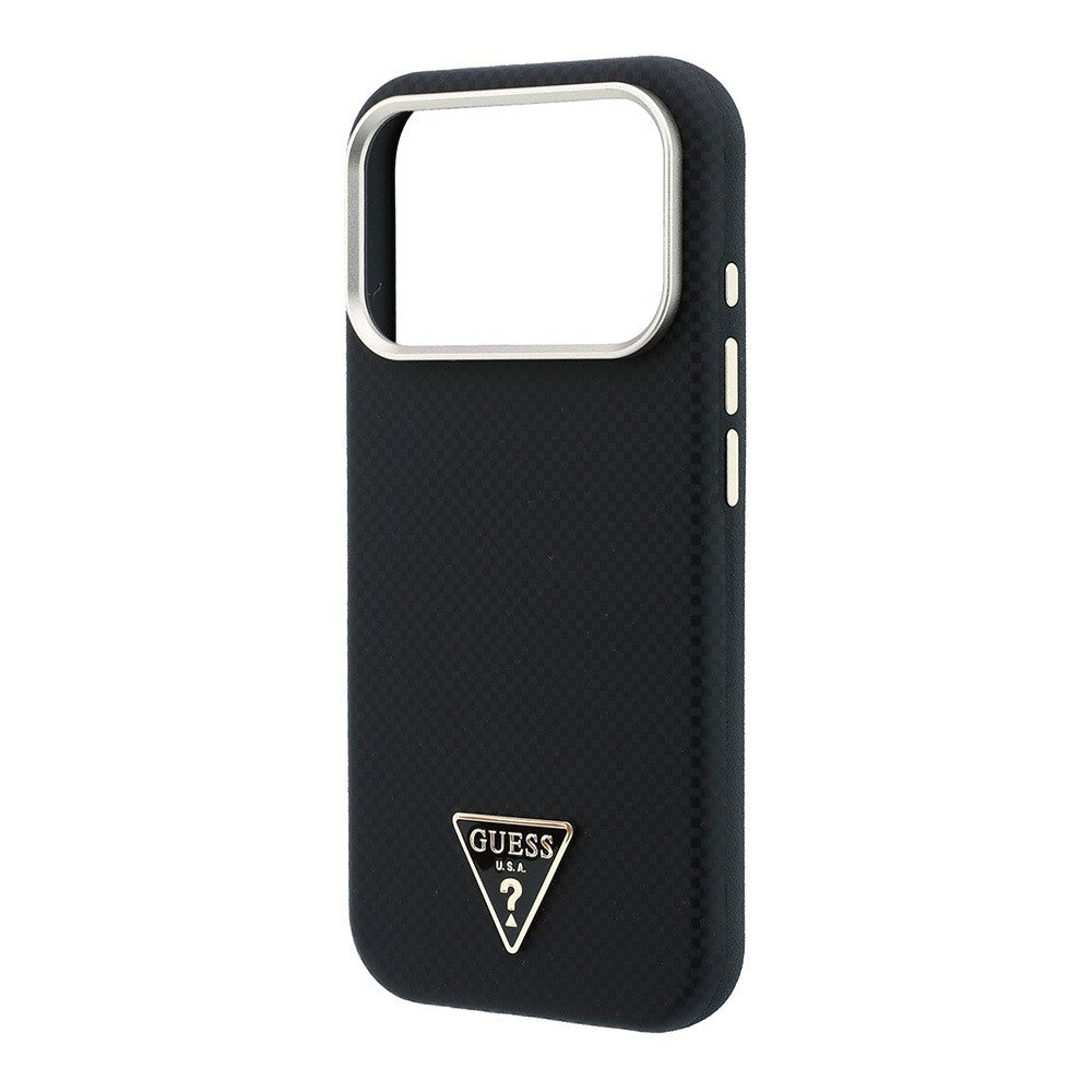 Apple iPhone 18 Pro Kılıf Guess Orjinal Lisanslı M-safe Şarj Özellikli PU Metal Üçgen Logolu Karbon Fiber Kevlar Kapak