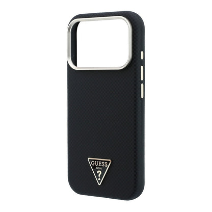 Apple iPhone 18 Pro Kılıf Guess Orjinal Lisanslı M-safe Şarj Özellikli PU Metal Üçgen Logolu Karbon Fiber Kevlar Kapak