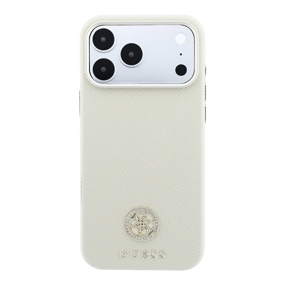 Apple iPhone 18 Pro Kılıf Guess Orjinal Lisanslı M-safe Şarj Özellikli PU Taşlı Metal 4G ve Yazı Logolu Kapak