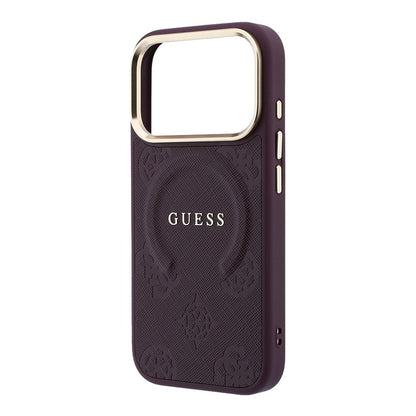 Apple iPhone 18 Pro Kılıf Guess Orjinal Lisanslı M-safe Şarj Özellikli Sıcak Baskılı Yazı Logolu C-Magnet PU Deri Peony Kapak