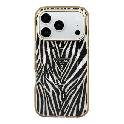 Apple iPhone 18 Pro Kılıf Guess Orjinal Lisanslı M-safe Şarj Özellikli Üçgen Logolu Zebra Desenli Silikon Kapak