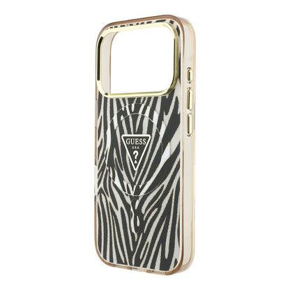 Apple iPhone 18 Pro Kılıf Guess Orjinal Lisanslı M-safe Şarj Özellikli Üçgen Logolu Zebra Desenli Silikon Kapak