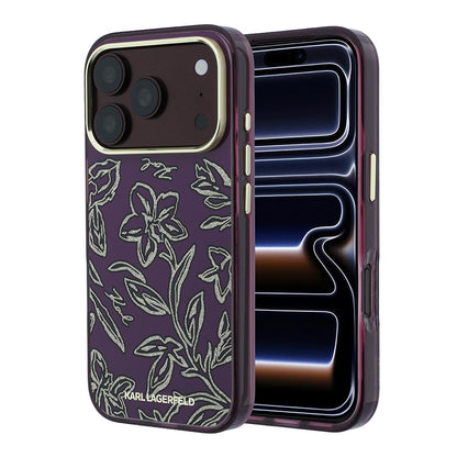 Apple iPhone 18 Pro Kılıf Karl Lagerfeld Orjinal Lisanslı M-safe Şarj Özellikli Gold Metal Kamera Çerçeveli Çiçek Tasarımlı Kapak