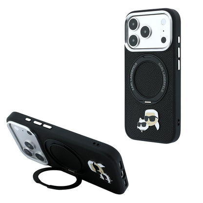 Apple iPhone 18 Pro Kılıf Karl Lagerfeld Orjinal Lisanslı M-Safe Şarj Özellikli K&C Heads Pin Metal Logolu PU 360 Derece Dönebilen Standlı Kapak