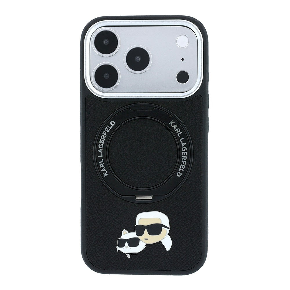 Apple iPhone 18 Pro Kılıf Karl Lagerfeld Orjinal Lisanslı M-Safe Şarj Özellikli K&C Heads Pin Metal Logolu PU 360 Derece Dönebilen Standlı Kapak
