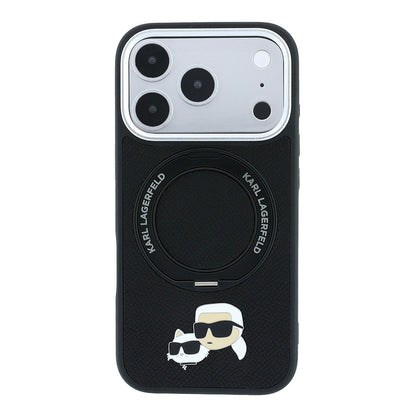 Apple iPhone 18 Pro Kılıf Karl Lagerfeld Orjinal Lisanslı M-Safe Şarj Özellikli K&C Heads Pin Metal Logolu PU 360 Derece Dönebilen Standlı Kapak