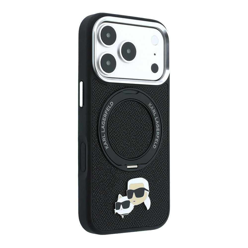 Apple iPhone 18 Pro Kılıf Karl Lagerfeld Orjinal Lisanslı M-Safe Şarj Özellikli K&C Heads Pin Metal Logolu PU 360 Derece Dönebilen Standlı Kapak