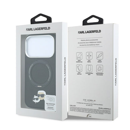 Apple iPhone 18 Pro Kılıf Karl Lagerfeld Orjinal Lisanslı M-Safe Şarj Özellikli K&C Heads Pin Metal Logolu PU 360 Derece Dönebilen Standlı Kapak