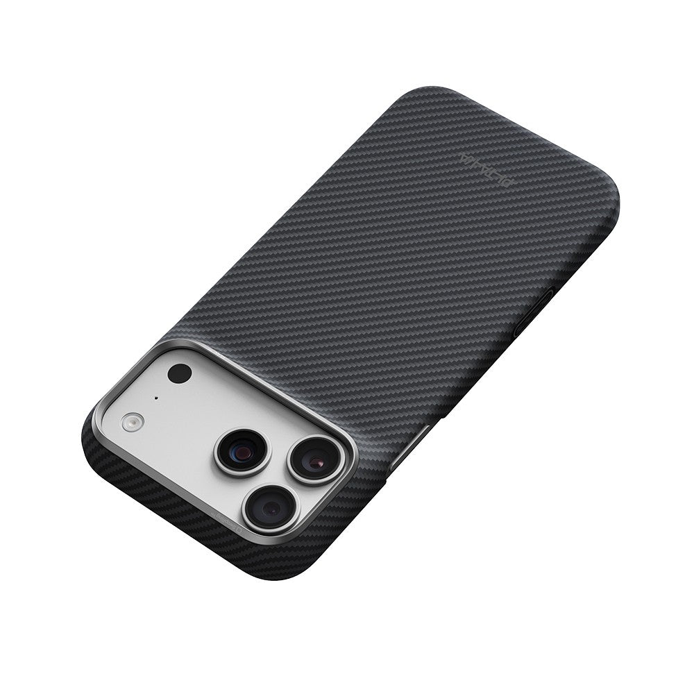 Apple iPhone 18 Pro Kılıf M-safe Şarj Özellikli 1500D Aramid Karbon Fiber Pitaka Ultra-Slim Classic Serisi Black-Grey Twill Kapak