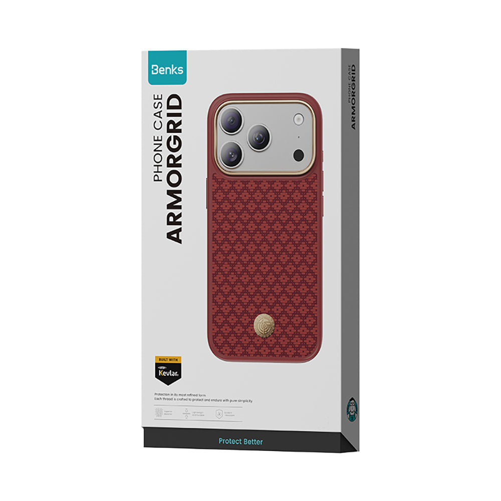 Apple iPhone 18 Pro Kılıf M-Safe Şarj Özellikli Yükseltilmiş Kamera Çerçeveli Benks ArmorPro ArmorGrid Serisi Kevlar Karbon Kapak