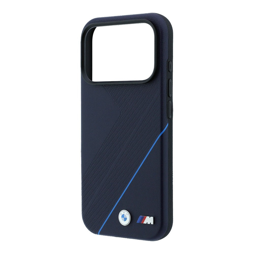 Apple iPhone 18 Pro Max Kılıf BMW Orjinal Lisanslı M-safe Şarj Özellikli M Logolu Lastik İzi Desenli Mavi Çizgili Kapak