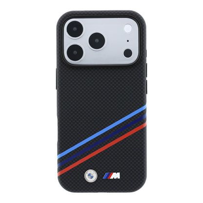 Apple iPhone 18 Pro Max Kılıf BMW Orjinal Lisanslı M-safe Şarj Özellikli Üç Şeritli Metal M Logolu Karbon Fiber Kevlar Kapak