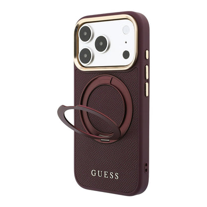 Apple iPhone 18 Pro Max Kılıf Guess Orjinal Lisanslı M-safe Şarj Özellikli 360 Derece Dönebilen Standlı PU Metal Yazı Logolu Kapak