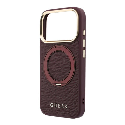 Apple iPhone 18 Pro Max Kılıf Guess Orjinal Lisanslı M-safe Şarj Özellikli 360 Derece Dönebilen Standlı PU Metal Yazı Logolu Kapak