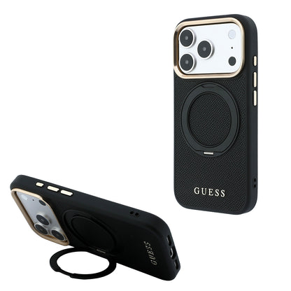 Apple iPhone 18 Pro Max Kılıf Guess Orjinal Lisanslı M-safe Şarj Özellikli 360 Derece Dönebilen Standlı PU Metal Yazı Logolu Kapak