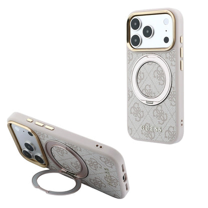 Apple iPhone 18 Pro Max Kılıf Guess Orjinal Lisanslı M-safe Şarj Özellikli 4G Desenli 360 Derece Dönebilen Standlı Metal Yazı Logolu Kapak