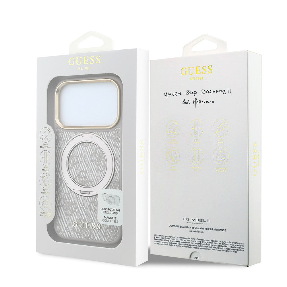 Apple iPhone 18 Pro Max Kılıf Guess Orjinal Lisanslı M-safe Şarj Özellikli 4G Desenli 360 Derece Dönebilen Standlı Metal Yazı Logolu Kapak