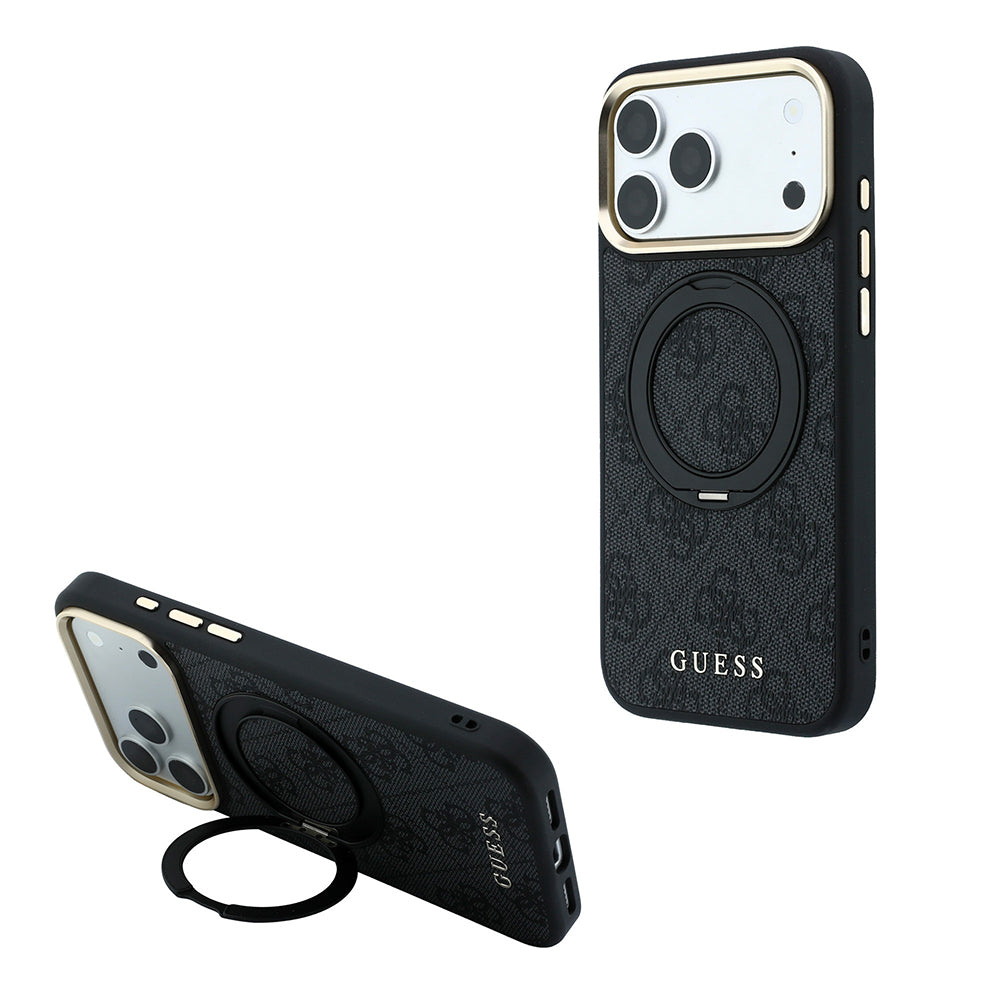 Apple iPhone 18 Pro Max Kılıf Guess Orjinal Lisanslı M-safe Şarj Özellikli 4G Desenli 360 Derece Dönebilen Standlı Metal Yazı Logolu Kapak