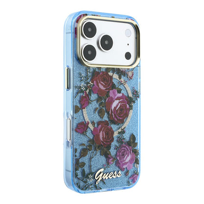 Apple iPhone 18 Pro Max Kılıf Guess Orjinal Lisanslı M-safe Şarj Özellikli Gül Desenli Simli Yazı Logolu Kapak